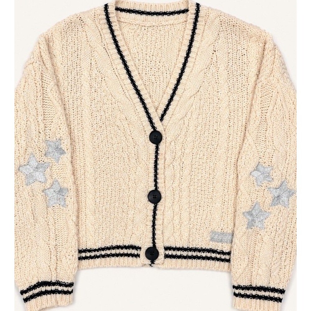 Folklore Inspired Cardigan Cream Cable Knit Star Patch Sweater Size S